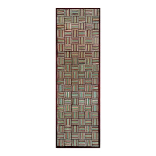 1930s Multicolor Checkerboard Folk Art Antique American Hooked Rug 3'2" X 10' 4" Carpet For Sale