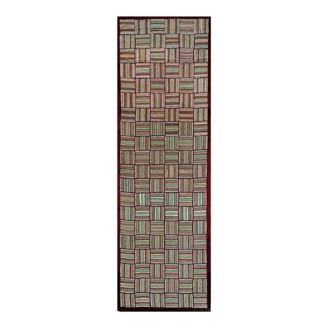 1930s Multicolor Checkerboard Folk Art Antique American Hooked Rug 3'2" X 10' 4" Carpet For Sale