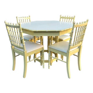 Thomasville Hollywood Regency Faux Bamboo Octagonal Dining Table and Four Side Chairs in Ivory Lacquer, Circa 1980 For Sale