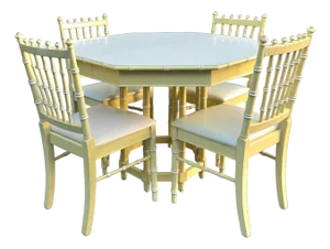 Thomasville Hollywood Regency Faux Bamboo Octagonal Dining Table and Four Side Chairs in Ivory Lacquer, Circa 1980