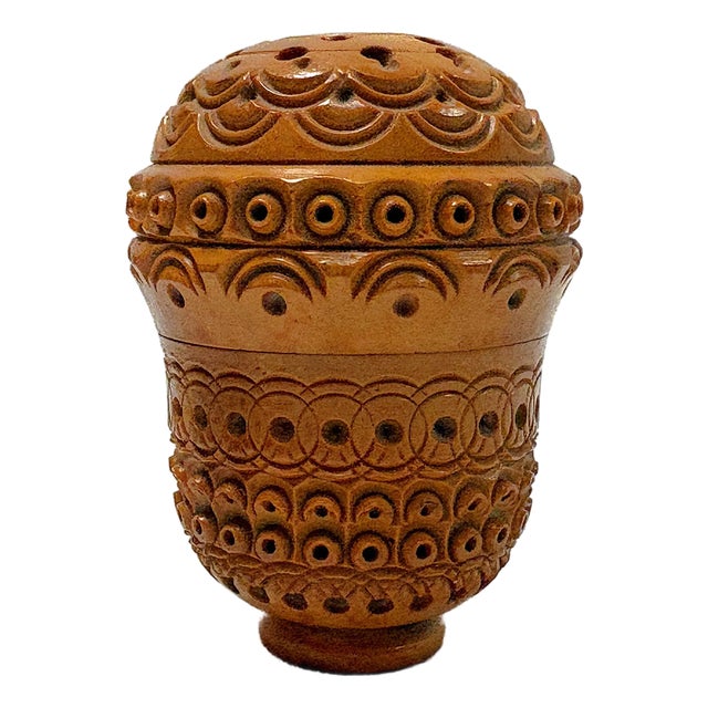 19th Century Victorian Corozo Egg Rosary Case/ Threaded & Pierced Wood Box For Sale