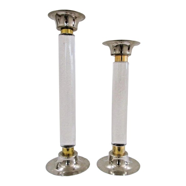 Pair of 1950s Lucite Chrome Brass Column Candle Holders Attributed to Karl Springer For Sale