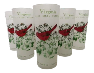 Mid-Century Frosted Tom Collins Glasses in Virginia Red Cardinal & Dogwood Motif - Set of 8