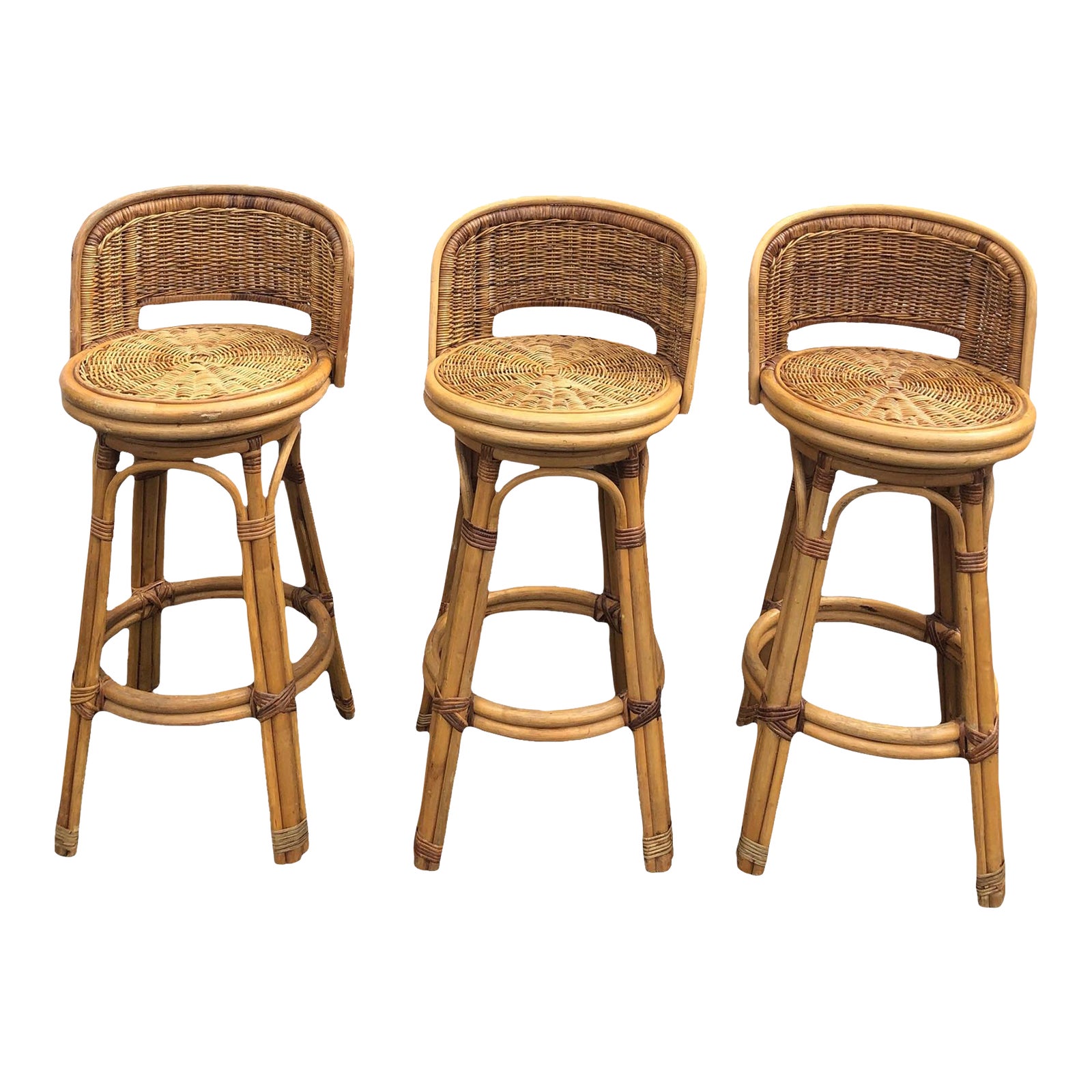 1970s Vintage Rattan Swivel Bar Stools Set of 3 Chairish