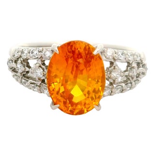 3.67 Carat Orange Sapphire Diamond Platinum Ring, Size 7 For Sale