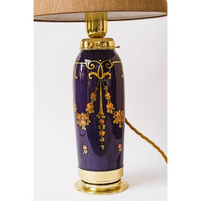 Rare Art Deco glass table lamp with fabric shade, Vienna, around 1920s. 2 Bulbs (one outside and one inside the glass)....