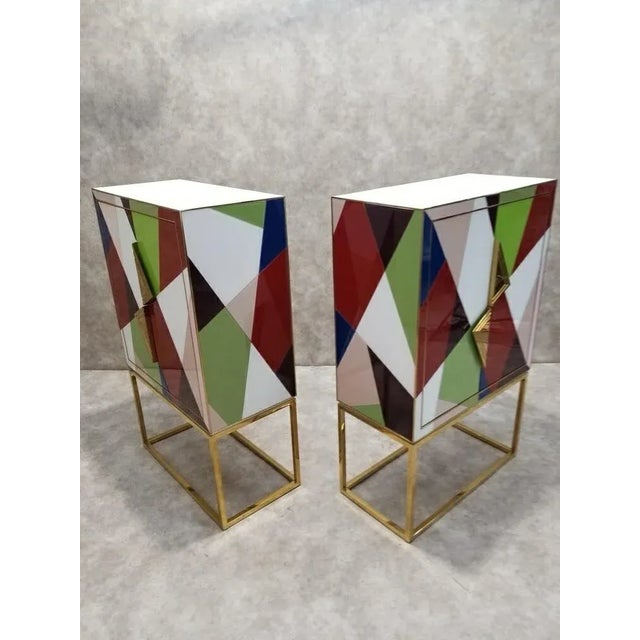 Torino Reverse, Painted Glass and Brass 2 Door Dry Bar Cabinet by Johnathan Adler For Sale - Image 12 of 13