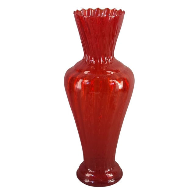 Vintage Mid-Century Modern Italian Red Opaline Ruffled Top Art Glass Vase For Sale - Image 10 of 10
