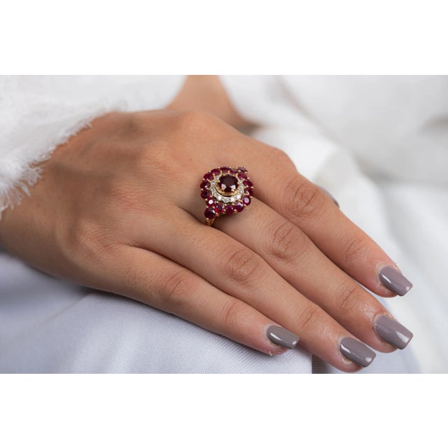Red Natural Rubies and Diamonds Flower Shape Cluster Ring Size 7 For Sale - Image 8 of 9
