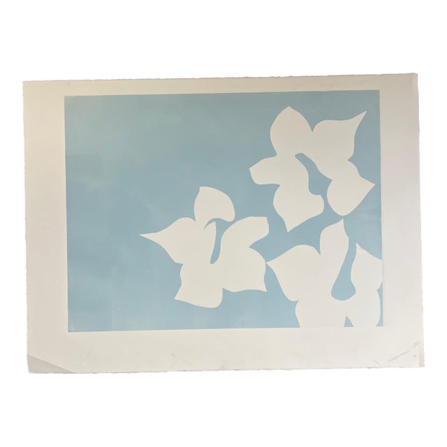 Original Signed 2026 Abstract Botanic Monotype Artwork Light Blue, Unframed 18 X 24 For Sale