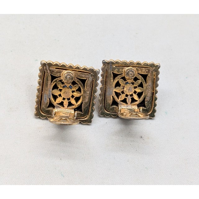 Vintage Signed Mazer Square Goldtone Ribbed Cabochon Faux-Sapphire Clip Earrings-2 Pieces For Sale - Image 9 of 10