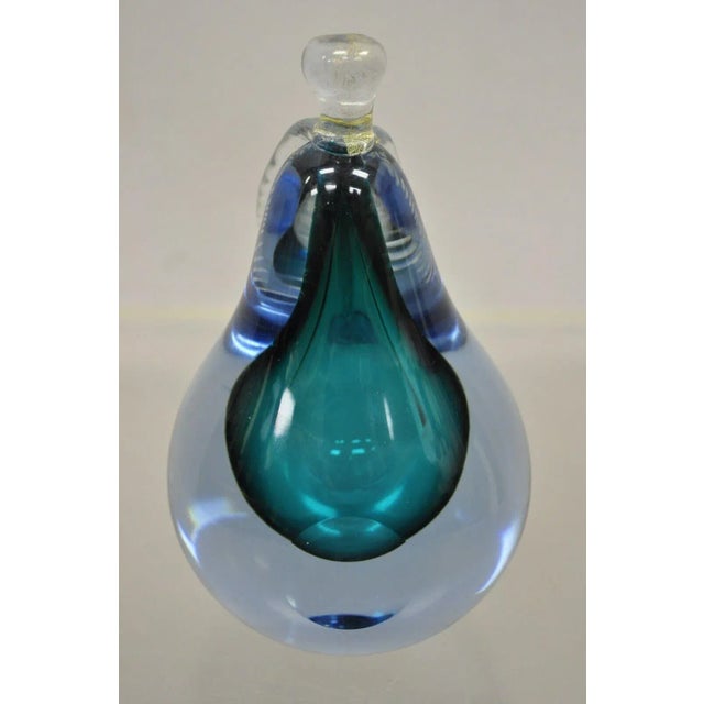 Glass Italian Murano Blue 7" Blown Art Glass Pear Fruit Gold Flecks Leaf Paperweight For Sale - Image 7 of 11