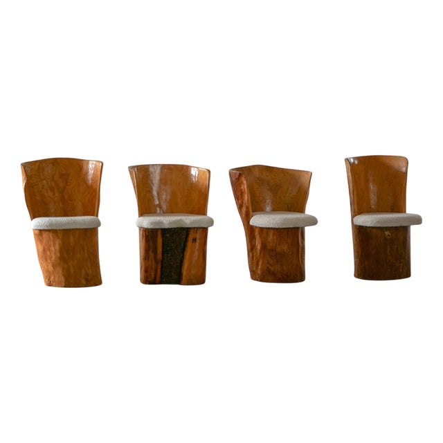 Swedish Stump Chairs in Wood with Bouclé Seats, 1960s, Set of 4 For Sale