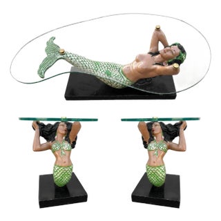 1950s MCM Sculptural Nude Mermaid Biomorphic Cocktail Table W/ Pair of End Tables For Sale