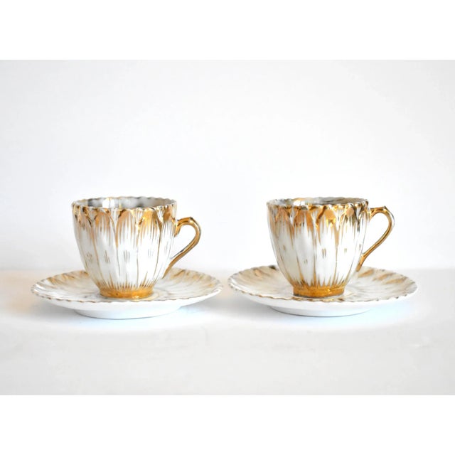 Ceramic Antique Gold & White Porcelain Flower Petals Demitasse Tea Service - Set of 8 For Sale - Image 7 of 13