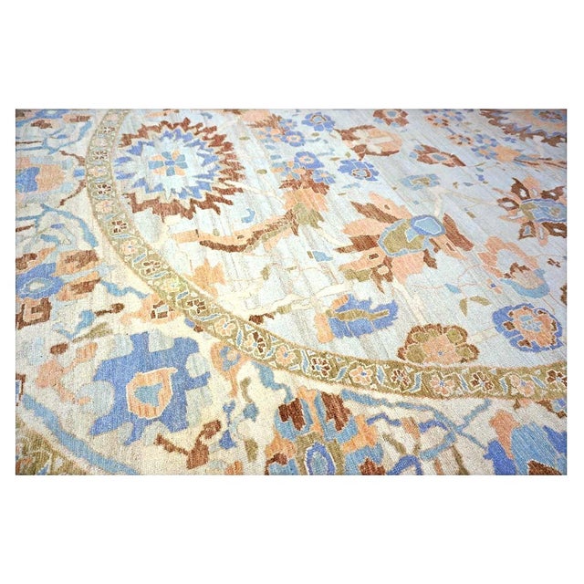 Afghan Sultanabad Master Wool 11x11 Ivory, Light Blue & Light Orange Handmade Round Area Rug #1143252 For Sale - Image 9 of 12