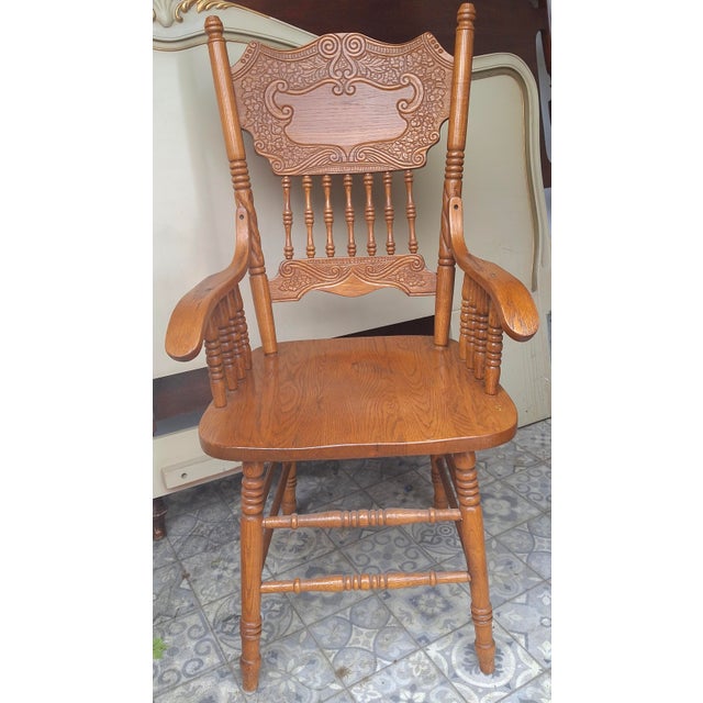 Mid 20th Century Mid-Century Carved Oak Presback ArmChairs- Set of 2 For Sale - Image 4 of 9