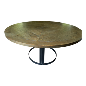 Arhaus Round Dining Table-Solid Parquet Wood Top & Iron Ring Base
