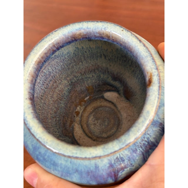 Arts & Crafts Midcentury Cabinet Vase – Blue & Teal Drip Glaze For Sale - Image 3 of 7