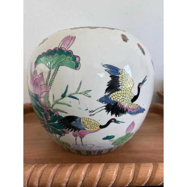 Ceramic Vintage Chinese Porcelain Jardinière With Cranes & Lotus Motif For Sale - Image 7 of 11