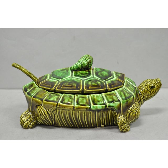 Mid 20th Century Vintage Tilso Japan Mid Century Modern Green Ceramic Figural Turtle Soup Tureen For Sale - Image 5 of 17