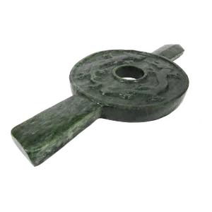 Large 1910s Chinese Nephrite Spinach Jade Bi Disc With Double Chilong Carving on Custom Hand-Carved Wooden Base