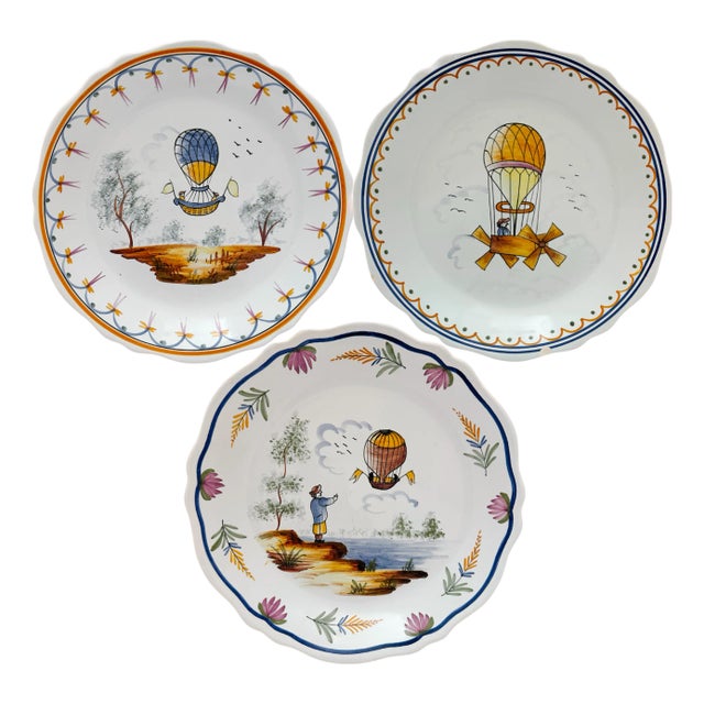 Late 20th Century French Faience "Voyage Dans Les Airs" Hot Air Balloon Plates - Set of 3 For Sale