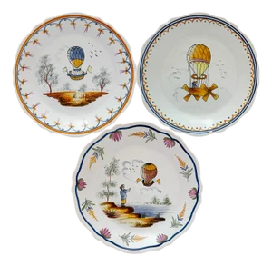 Vintage French Faience "Voyage Dans Les Airs" Hot Air Balloon Plates - Set of 3