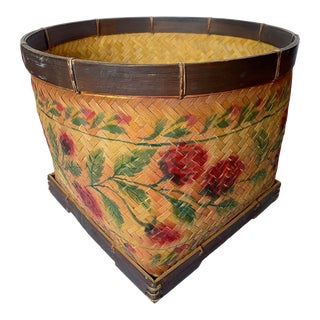 Vintage Asian Handwoven and Painted Floor Basket For Sale