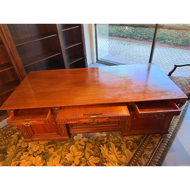 Late 20th Century Presidential "Resolute Desk" Carved Mahogany Handcrafted Executive Partners Desk For Sale - Image 5 of 12