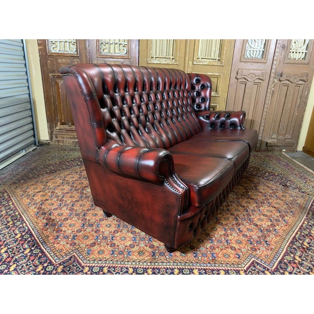 Vintage MidCentury English Leather Chesterfield Monks Back 3 Seat Sofa