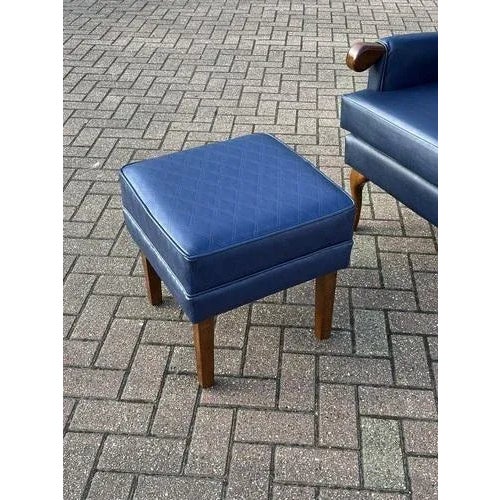 Set of Blue Leather Armchair & Foot Stool For Sale - Image 5 of 11