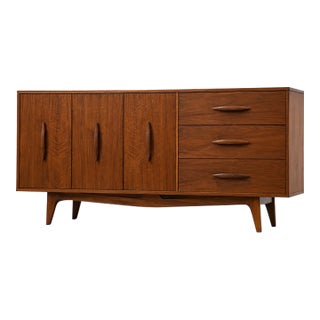 1960s Refinished Walnut 65” Credenza by Young Manufacturing For Sale