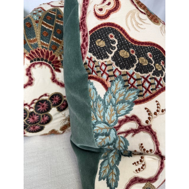 Custom pair of 22" pillows covered in Clarence House "Palazinna Cinese" In bordeaux and backed in a coordinating green...