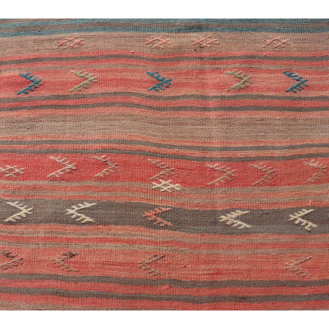 Traditional Multicolor Striped Vintage Turkish Kilim Runner With Coral Blue Tones For Sale - Image 3 of 11