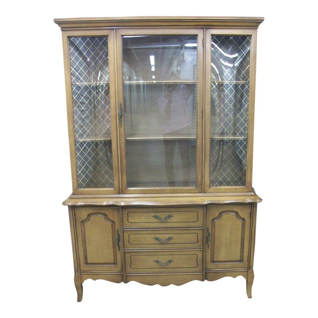 20th Century French Provincial China Cabinet With Curved Glass