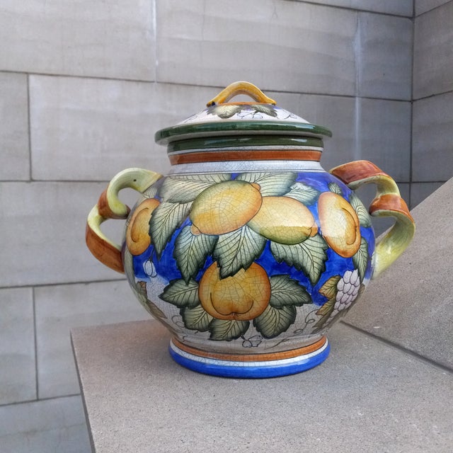 Substantial Cachi e Limoni Lidded Biscotti Jar Crackle Ground with majolica (typical of Deruta Wares) cachi e Lemoni...