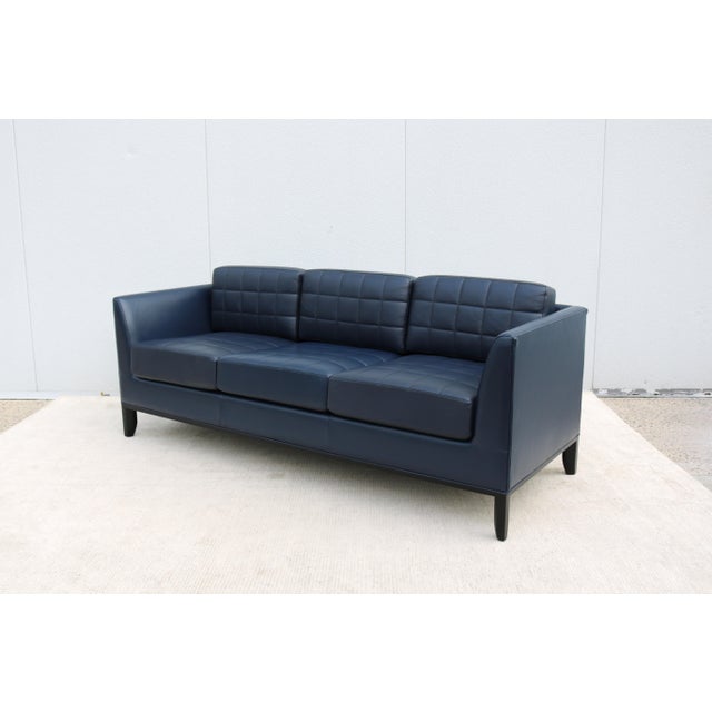 Wood MCM Style Mark Goetz for Bernhardt Design Moreau Sofa in Navy Blue Leather For Sale - Image 7 of 18