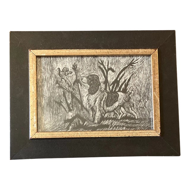 1970’s Original Setter Bird Dog Scratch Board Drawing Vintage Frame For Sale