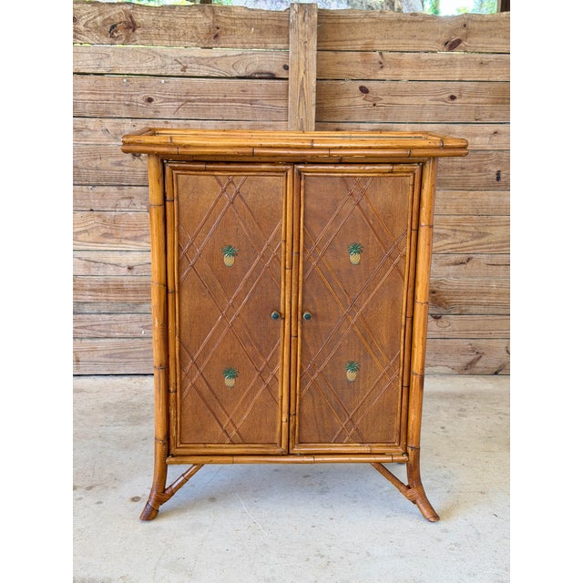Vintage Coastal Faux Bamboo Cabinet by Palecek With Pineapple Motif Doors For Sale - Image 11 of 12