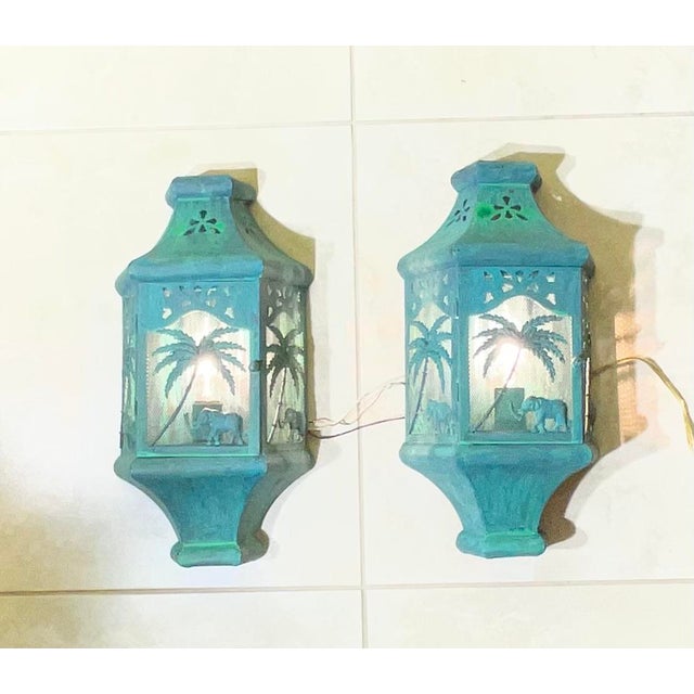 2010s Vintage British Colonial Style Elephant & Palm Tree Wall Sconces - a Pair For Sale - Image 5 of 17