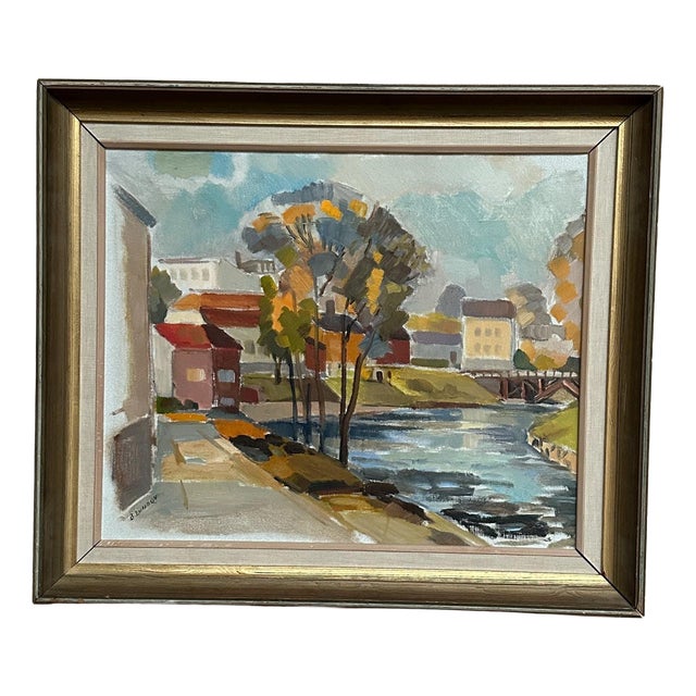 B. Lundqvist, Riverside Village, 1960s, Oil on Canvas, Framed For Sale