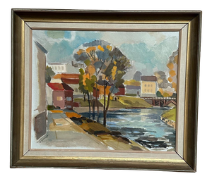 B. Lundqvist, Riverside Village, 1960s, Oil on Canvas, Framed