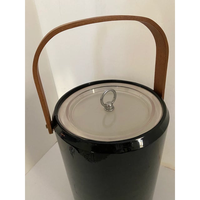 George Briard vinyl cover insulated ice bucket With teakwood handle Signed in bottom Black