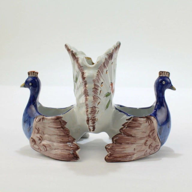 Late 19th Century Antique Figural French Faience Pottery Peacocks Double Salt Cellar For Sale - Image 5 of 13