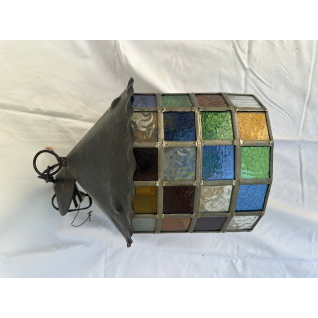 Arts & Crafts 1930s Stained Glass Hanging Lantern Pendant For Sale - Image 3 of 4
