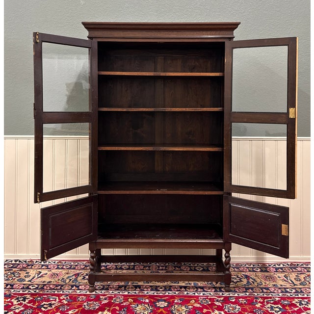 Antique English Bookcase Bookshelf Cabinet Double Door Barley Twist Oak c.1930s For Sale - Image 15 of 17