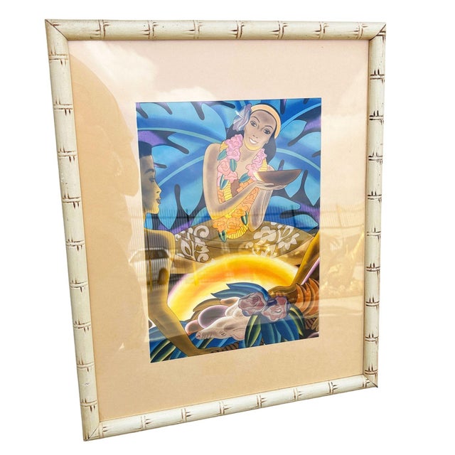 Art Deco Frank Macintosh "Fruit Harvest" & "Hawaii the Luau" Prints in Bamboo Framed Pair For Sale - Image 3 of 7