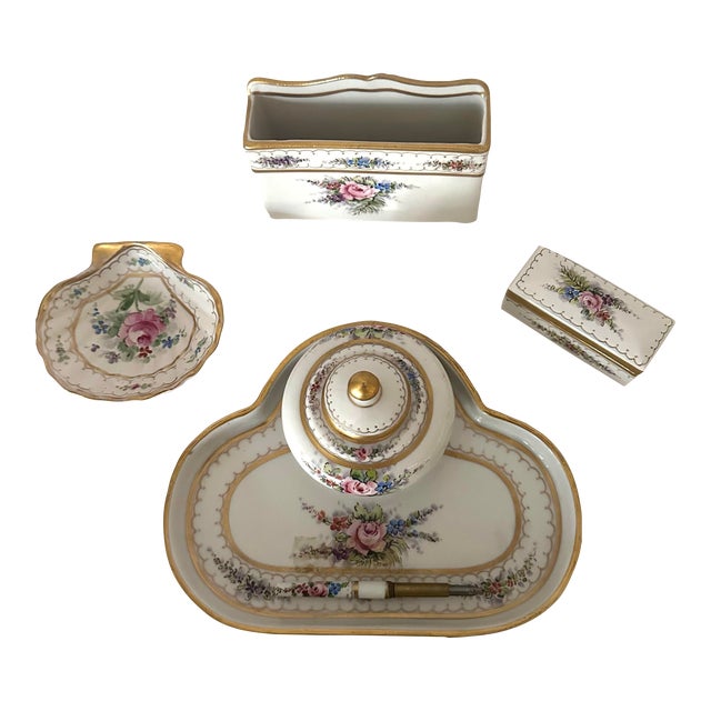 Vintage French 6 Pc Hand Painted Desk Set For Sale