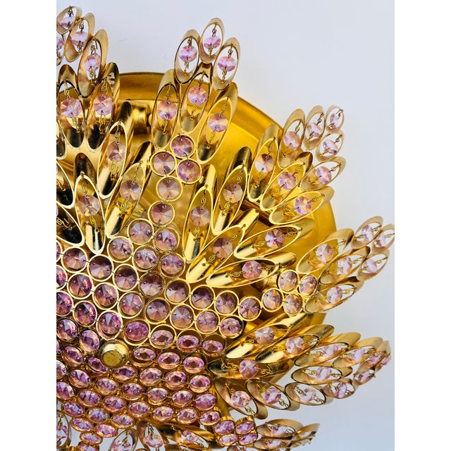 1980s Vintage Brass Sunburst Ceiling Light, Hand-Painted Pink Crystal Beaded Mandala Chandelier, 10-Light Flush Mount For Sale - Image 5 of 18
